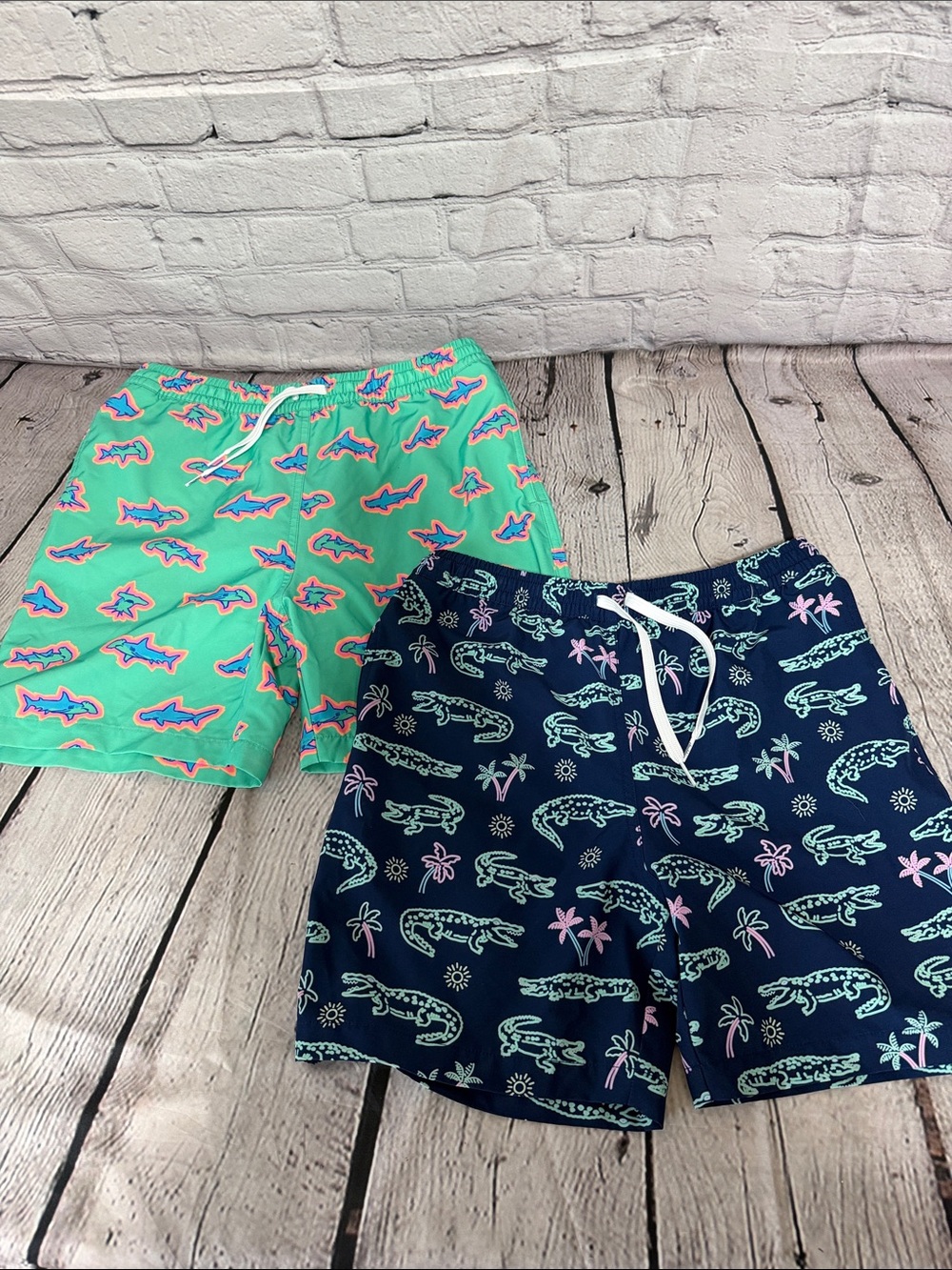 2 pairs of Chubbies Kids Swim Shorts - Aqua Shark Print & Navy Alligator Print